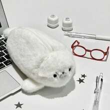 1pc Cute Grey Seal Stationery Storage Bag With Black Decorative Frame, Multi-Functional Design, Large Capacity Zipper Roll-Up Pencil Case, Expandable Desktop Pencil Holder, Creative Learning Supplies - Glasses Seal - View 1