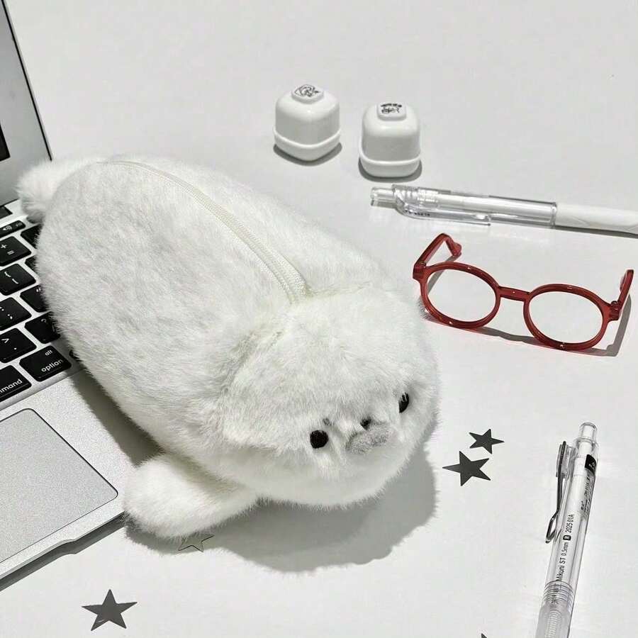 1pc Cute Grey Seal Stationery Storage Bag With Black Decorative Frame, Multi-Functional Design, Large Capacity Zipper Roll-Up Pencil Case, Expandable Desktop Pencil Holder, Creative Learning Supplies - Glasses Seal - View 1