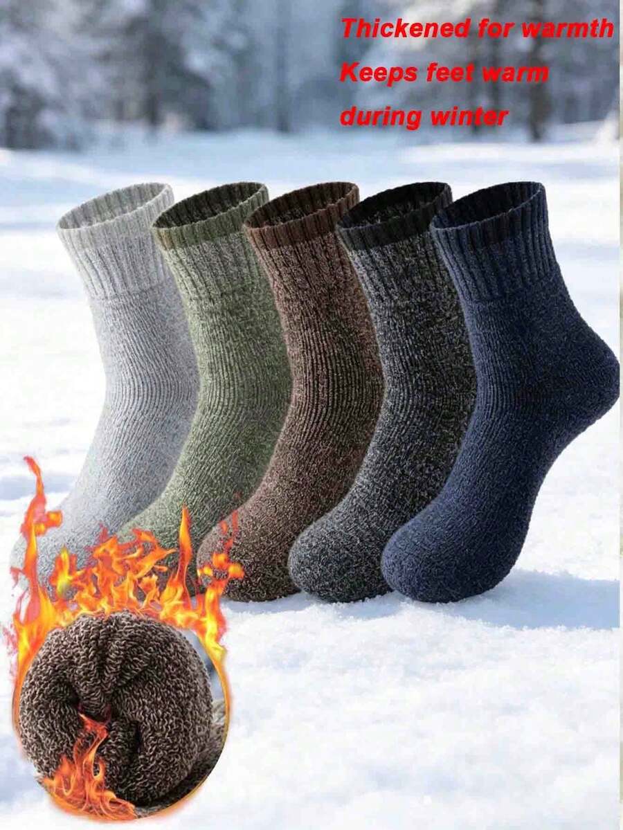 1/5 Pairs Men's Autumn/Winter Thick Warm Mid-Calf Socks, Comfortable Breathable Sports Socks, Snow Socks, Couple Socks, Unisex, Suitable For Winter Daily Wear, Sports, Home, Perfect Gift For Winter And Christmas - Multicolor - View 1