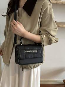 1pc Mini Letter Embossed Grid PU Portable Flap Fashion Women's Handbag Suitable For Autumn/Winter Daily Shopping - Black - View 5