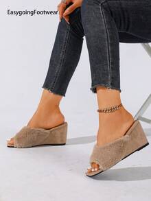 Women's Plush Wedge Heel Slide Sandals, Square Toe Open Toe Outdoor Mule Slippers - Khaki - View 3