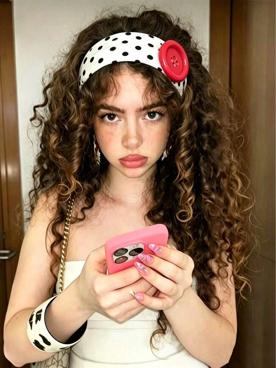 1pc Dopamine Large Button Headband, Fashion Ins Style Polka Dot Elastic Hairband, Niche Design, Handmade - Multicolor - View 1