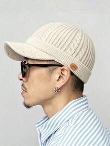 1pc Men's Knit Visor Beanie, Warm Minimalist Striped Textured Baseball Cap With Short Brim, For Winter Travel, Skiing, Daily Outings. - Solid Color Sew-on Label - View 2