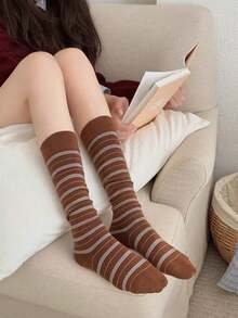 1/2/4 Pairs Women's Knee-High Socks, College Style Retro Striped Slouch Socks, Warm & Windproof For Autumn/Winter, Versatile For Boots And Daily Wear - Multicolor - View 5