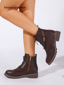 Women's Brown British Style Fashion Versatile Lace-Up Side Zipper Boots - Brown - View 2