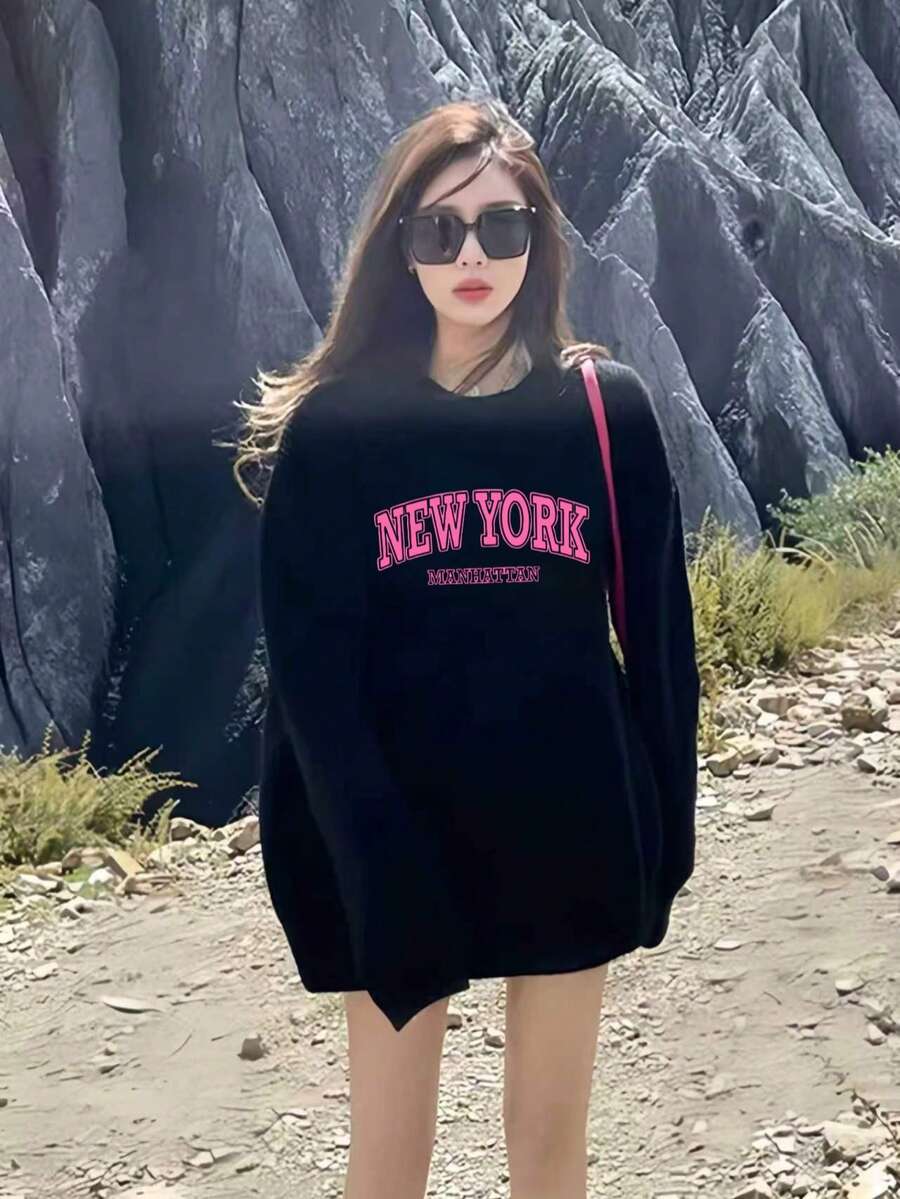 極簡大字母 NEW YORK 印花寬鬆圓領運動衫 黑色顯瘦 日常百搭 秋冬運動衫 - 黑色 - 查看 1