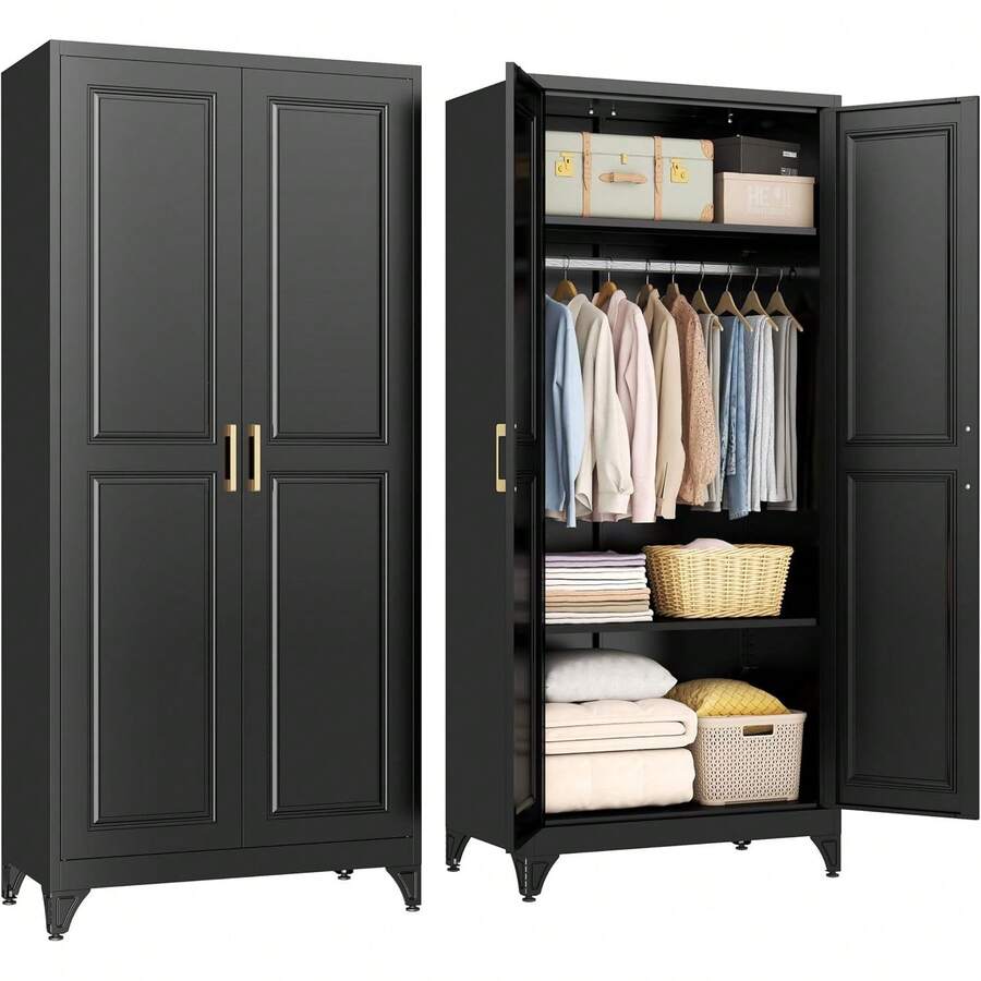 Metal Wardrobe Cabinet, Freestanding Clothes Storage Armoire With Hanging Rod And Doors, Modern Organizer Cupboard For Bedroom Laundry Room Living Space, Black Finish, One Piece - Black - View 1