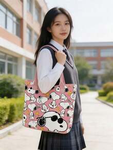 1pc Snoopy Striped Canvas Tote Bag, Large Capacity Shoulder Bag, Cute Multifunctional Handbag, Suitable For Work, Casual, Travel, School, Birthday, Valentine's Day, Mother's Day Gift - A - View 7