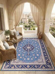 1PC Light Blue Navy Pink Floral Medallion Pattern Traditional Persian Carpet, French Vintage Elegant Style Faux Cashmere Rectangular Area Rug With Multi-Layered Serrated Center Medallion And All-Over Scattered Floral Details, Machine Washable, Suitable For Living Room Bedroom, All-Season Home Decor - Multicolor - View 6