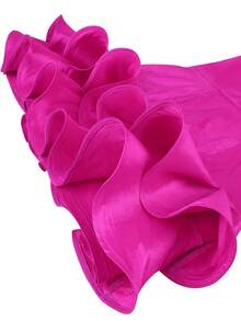 AOMEI Chic Women Fuchsia Satin Mini Dress Sheer Mesh Neck Ruffle Shoulder Tiered Ruffle Hem Bodycon Short Party Evening Dresses - Hot Pink - View 4