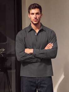 Men Fall Loose Fit Half Button Pullover Shirt, Lapel Collar Long Sleeve Solid Elegant Top For Vacation Business Occasions - Grey - View 7