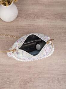 1pc Women's Pastel Tweed Evening Bag With Pearl Top Handle & Detachable Chain Strap, Elegant Mini Handbag For Party, Wedding & Date - White - View 2