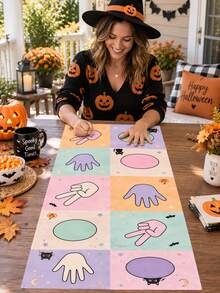 1pc Cute Halloween Polyester Hand And Foot Game Mat, Pastel Ghost, Black Cat, Pumpkin And Candy Print, Rock Paper Scissors Interactive Grid Floor Mat, For Halloween Party, Family Game, Classroom Activity And Indoor Decor - Multicolor - View 1