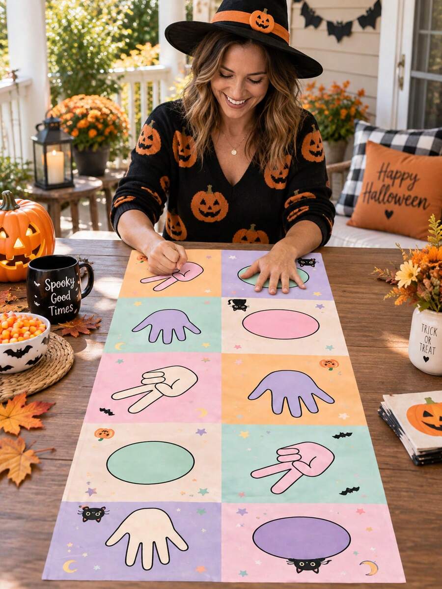 1pc Cute Halloween Polyester Hand And Foot Game Mat, Pastel Ghost, Black Cat, Pumpkin And Candy Print, Rock Paper Scissors Interactive Grid Floor Mat, For Halloween Party, Family Game, Classroom Activity And Indoor Decor - Multicolor - View 1