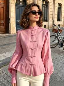Solstice Apparel Blus Wanita Gaya Cina Kerah Tegak Kancing Katak Lengan Lentera yang Mengencangkan Pinggang Gaya Vintage untuk Komuter - Watermelon Pink - View 2