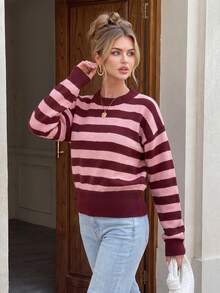 Nicenter Women's Autumn Coffee-Pink Striped Wool Blend Sweater, Crew Neck, Dropped Shoulder, Long Sleeve, Loose Short Pullover, Ribbed Hem, Soft Vintage Casual - Coffee Brown - View 3