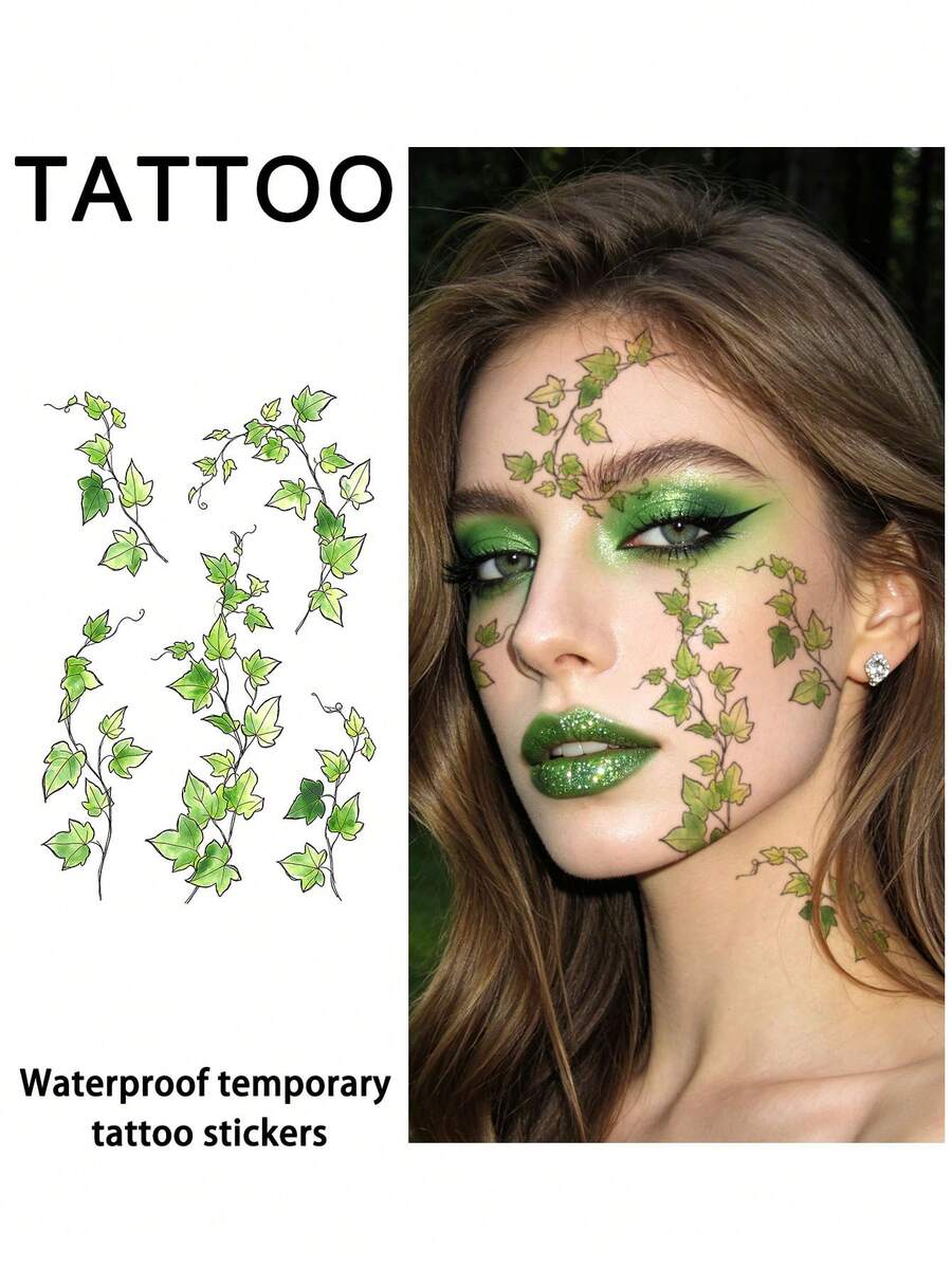 1pc Poison Ivy Temporary Tattoo Sticker For Halloween Face, Waterproof Sweat-Resistant Disposable, Suitable For Women And Men, Face, Arm, Waist, Chest, Leg, Abdomen, Neck, Hand, Finger, Back, Party, Stage Performance, Modern Body Art - Multicolor - View 1