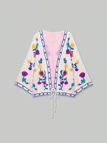 YROOE Women's Autumn/Winter White Floral Embroidered Lace-Up Front 3/4 Sleeve Loose Cardigan Jacket - Multicolor - View 1