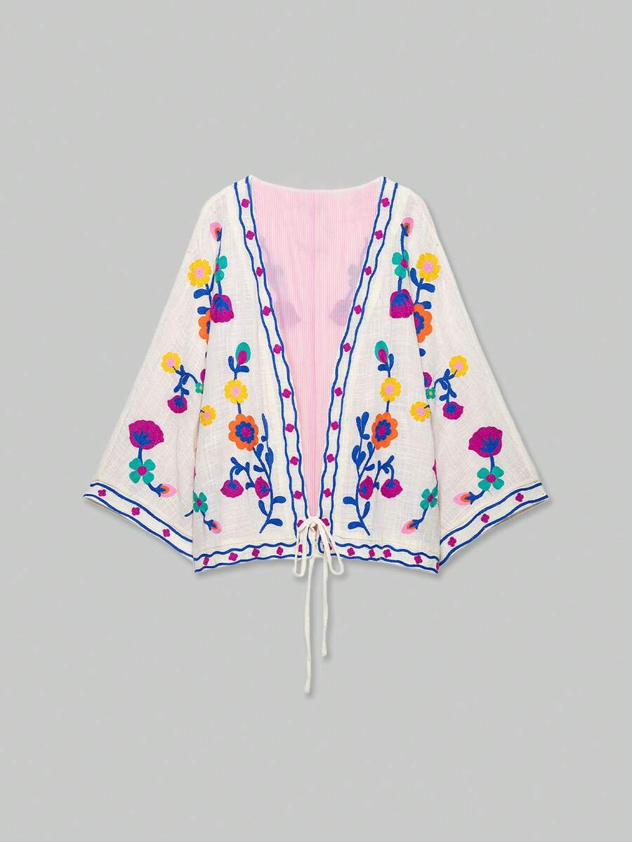 YROOE Women's Autumn/Winter White Floral Embroidered Lace-Up Front 3/4 Sleeve Loose Cardigan Jacket - Multicolor - View 1