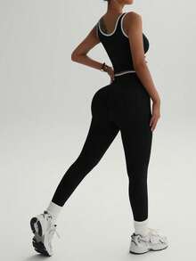 Women's High Waist Yoga Fitness Set, Colorblock Sports Top And Leggings, Elastic Polyester Blend, Suitable For Running And Training - Black - View 7