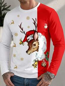 Men's Christmas Long Sleeve T-Shirt, Red And White Color Block Design, Holiday Casual Party Top - Multicolor - View 1
