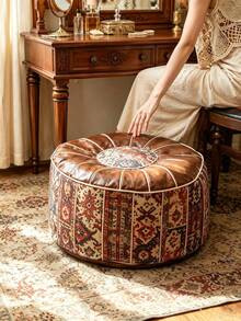 1/2pcs Bohemian Floral Embroidered Storage Ottoman, DIY Fillable Round Storage Stool With Hidden Compartment, Soft Waterproof PU Leather Footstool, Clothing & Toy Storage, Living Room Footrest, Bedroom Stool, Entryway Shoe Bench, Home Organization - Multicolor - View 8