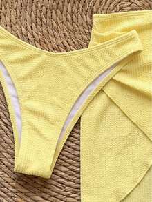 SwimNova Fashion Women's 2026 Spring/Summer Sexy Striped Halter 3-Piece Bikini Swimsuit Set With Apron, Suitable For Summer Beach And Casual Vacation - Yellow - View 5