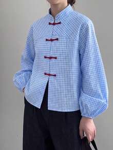 PoPoHouse Fall Winte Women's New‑Chinese Frog Button Gingham Shirt, Stand Collar Lantern Sleeve Loose Elegant Commuter Open Front Top - Light Blue - View 5