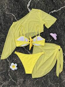 Bộ đồ bơi bikini 2 mảnh nữ mùa hè đi biển màu trơn gợi cảm, gồm áo bikini tam giác và quần lót tam giác, kèm áo khoác ngoài và chân váy mini - Màu vàng - Xem 3