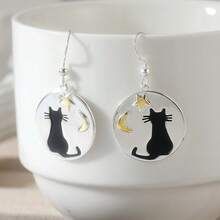Women's Fashion Halloween Water Drop Earrings Cat Moon Star Dangle Earrings - Silver - View 3