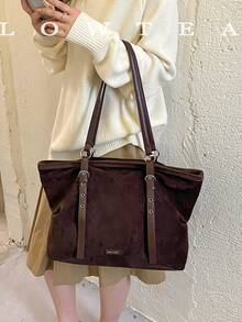 low tea 1pc Buckle Suede Fabric Shoulder Tote Bag Suitable For Commuting, Shopping Etc - Coffee - View 9