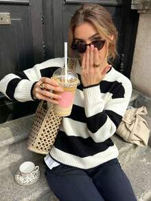 LOVE JOYY Women's Casual Colorblock Striped Crew Neck Knit Sweater, Soft Knit Top, Suitable For Autumn/Winter Daily Wear - Multicolor - View 5