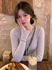 Sweater Rajut Wanita Gaya Seksi dengan Tekstur Berongga dan Tali Pengikat, Model Lembut, Pas Ramping, Atasan Dalaman Pendek, Potongan Acak - Mauve Purple - View 2