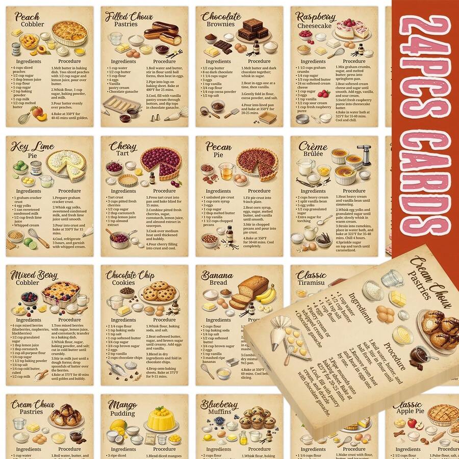 24pcs Vintage Classic Western Dessert Recipe Cards, 2.5*3.5inch Retro Homemade Baking Mini Cards With Pie, Cake & Pastry Reference, For Home Bakers, Kitchen Decor, Junk Journal Scrapbooking Ephemera, Christmas Baking Gift