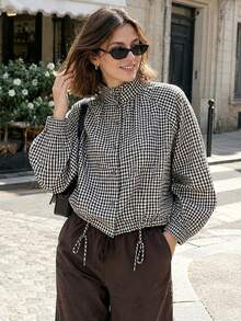 Plaid Jackets For Women Cropped Fall Outfit For Women Long Sleeve Funnel Neck Jacket Loose Button Up Coat Bomber Jacket Women - Multicolor - View 2