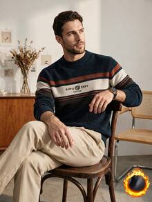 Men's Thick Striped Chenille Sweater, Business Commute & Casual Versatile Middle-Aged Knitted Pullover, Winter, Long Sleeve Top, Warming - Navy Blue - View 4
