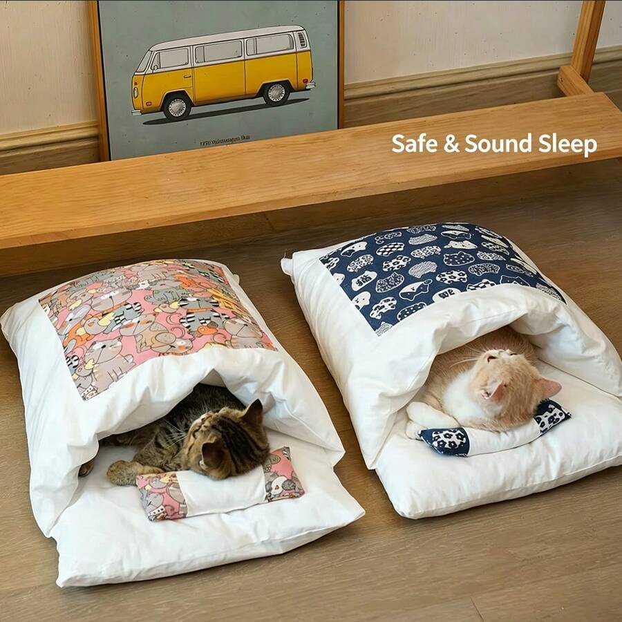 2pcs Ins Style Enclosed Cave Pet Sleeping Bag Bed With Pillow, Thick Warm Washable Detachable Cat Bed, Deep Sleep Secure Nest For Small & Medium Cats Dogs, All‑Season Indoor Rest Cushion