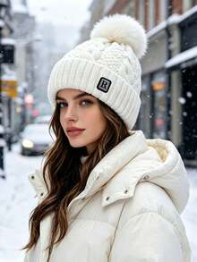 1pc Women's Autumn/Winter Pom Pom Knit Hat, Fashionable Versatile Windproof Warm Woolen Beanie, Suitable For Daily Outdoor Cold Weather Wear - Multicolor - View 2