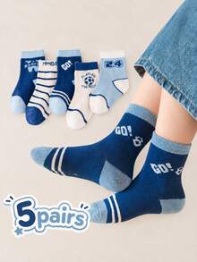 5 Pairs Kids Mid-Calf Socks, Boys Autumn/Winter Sports Style Cartoon Football & Letter Pattern Socks, Blue & White Color, Soft Comfortable Breathable Casual Socks - Multicolor - View 10