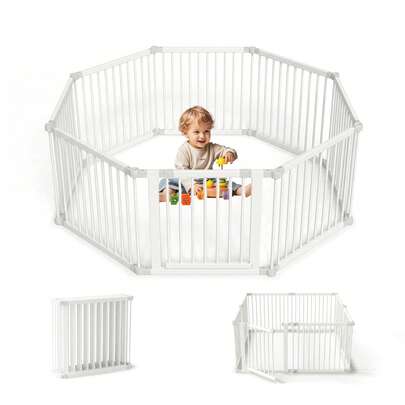 Jimberbay Parc à bébé en bois, blanc, bois de pin néo-zélandais, pliable et portable, montage sans outils, configurations de forme flexibles, plusieurs options de couleur