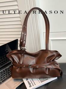 1pc Solid Color PU Leather New Women's Backpack, Shoulder Bag, Tote Bag, Fashion Square Handbag, Suitable For Commuting, Shopping, Dating - Brown - View 4