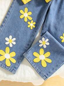 Girls Bright Yellow All-Over Daisy Print Crew Neck Sweatshirt & Denim Daisy Print Wide Leg Pants 2 Pieces Set - Yellow - View 6