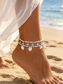 3pcs/Set Silver Multi-Layer Bohemian Style Shell & White Bead Anklet Set, Adjustable Summer Beach Foot Jewelry - Silver - View 1