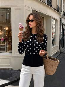 Roviva Women's Autumn Casual Commute French Polka Dot Long Sleeve Knit Sweater, Suitable For Party, Gathering, Holiday, Birthday Party, Work Commute, - Black and White - View 2