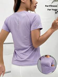 Women's Spring/Summer Solid Color Round Neck Short Sleeve Casual Sports T-Shirt, Fitness Running, Daily Wear, Personalized Print - Purple - View 5