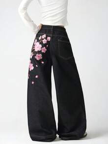 1pc Women's Retro American Street Style Embroidered Black Loose Fit Wide Leg Jeans, Comfortable And Fashionable Casual Pants For All Seasons, Decorative Back Pockets (Belt/Accessories Not Included) - Black - View 5