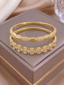 2Pcs Vintage Elegant Gold Bangle Set For Women, Stainless Steel,Pave CZ Rectangle & Bow‑Shaped Shell Inlay Open Cuff,Daily Party Wedding Birthday - Multicolor - View 3