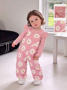 Baby Girl 2 Pieces Sweet Outfit, Ribbed Knit Ruffle Long Sleeve Top And Daisy Floral Print Adjustable Strap Overalls, Toddler Daily Wear Set, Comfortable Outfit - Pink - View 1