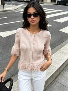 DEEKA Autumn New Women's European And American Style Fashion Minimalist Versatile Design Niche Tassel Knit Top Jacket - Pink - View 1