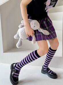 1 Pair Women's Calf Socks, Winter Warm Contrast Color Striped Slimming Long Tube Slouch Socks, Suitable For Multiple Outfits, Party Wear, Christmas Wear - Multicolor - View 8